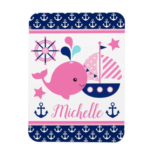 かわいい航海のピンクのクジラといかり柄 マグネット (縦)