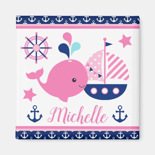 かわいい航海のピンクのクジラといかり柄 マグネット (正面)