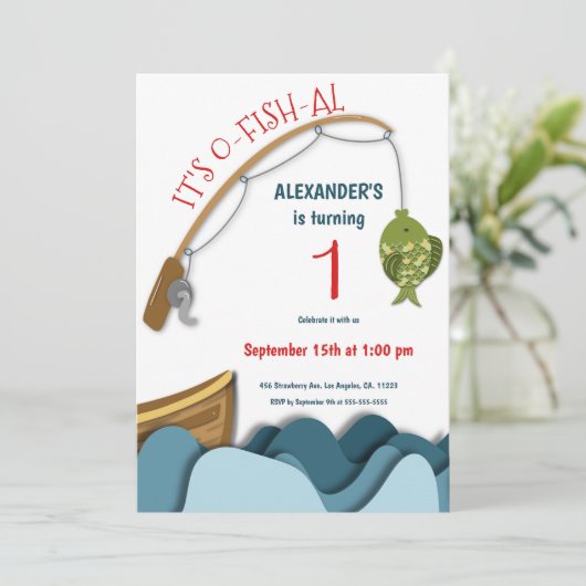 かわいい航海のフィッシュボートファースト誕生日 招待状 (スタンド正面)