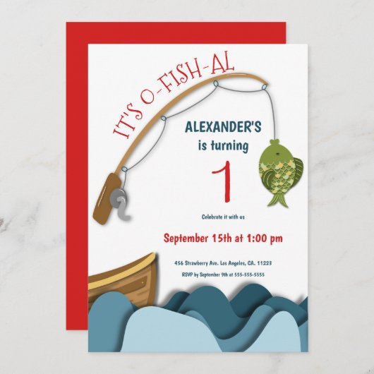 かわいい航海のフィッシュボートファースト誕生日 招待状 (正面/裏面)