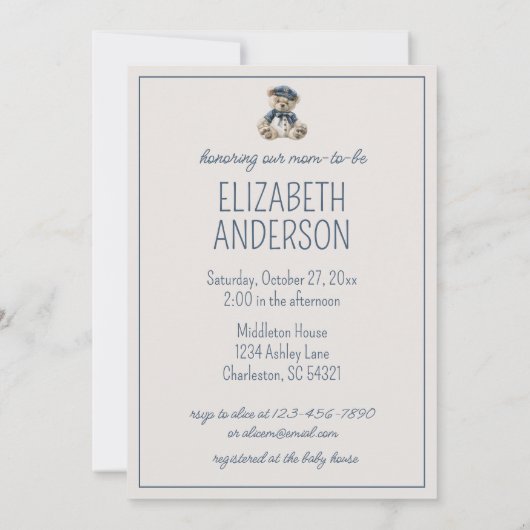 かわいい航海のブルーベビーベアパーソナライズされた 招待状 (裏面)