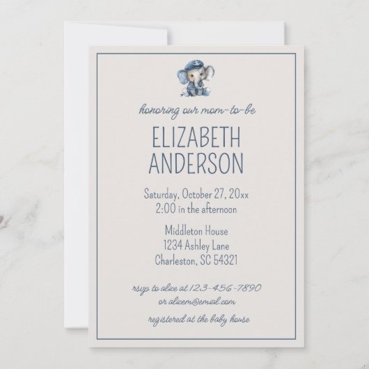 かわいい航海のブルーベビー象パーソナライズされた 招待状 (裏面)