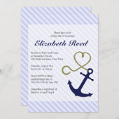 かわいい航海のベビーシャワーいかりとハートロープ 招待状 (正面/裏面)