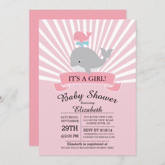 かわいい航海のホエールガールベビーシャワー招待状 招待状 (正面/裏面)
