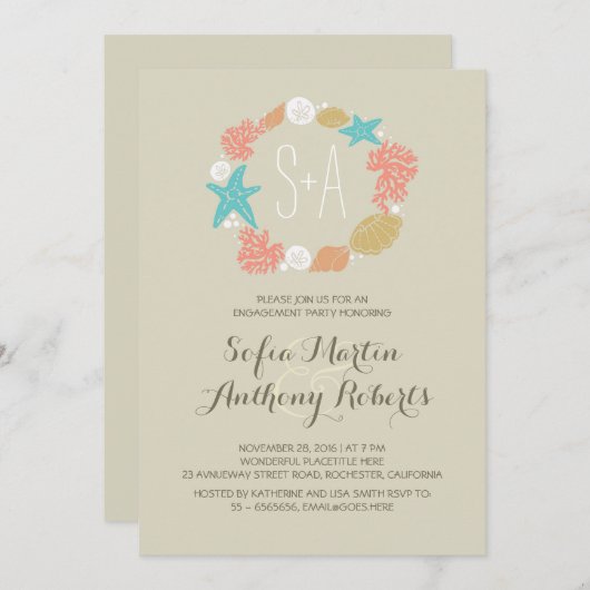 かわいい航海のリースビーチ婚約パーティ 招待状 (正面/裏面)
