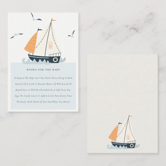 かわいい航海の帆船の男の子の本の赤ちゃんシャワー エンクロージャーカード (正面/裏面)