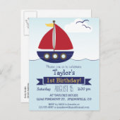 かわいい航海の帆船キッズバースデーパーティー インビテーションポストカード (正面/裏面)
