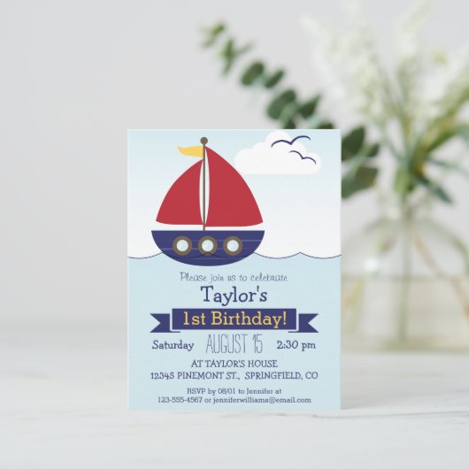 かわいい航海の帆船キッズバースデーパーティー インビテーションポストカード (スタンド正面)