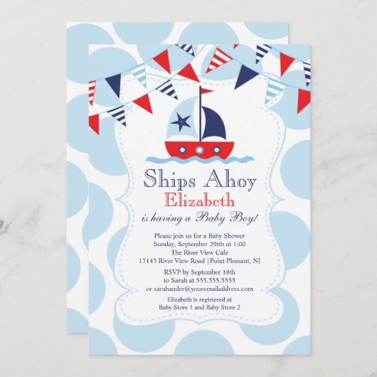 かわいい航海の帆船ボーイズ赤ちゃんシャワー招待状 招待状 (正面/裏面)