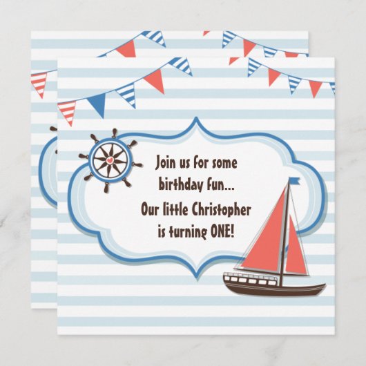 かわいい航海の帆船ボーイズ1歳の誕生日招待状 招待状 (正面/裏面)