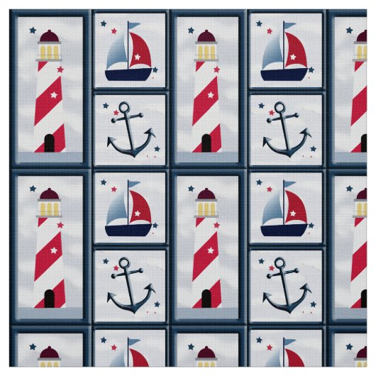 かわいい航海の帆船、灯台、いかり工芸品 ファブリック (見本)