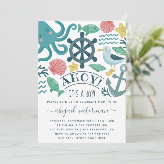 かわいい航海の海のクリッターが男の子のベビーシャワー 招待状 (スタンド正面)