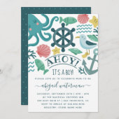 かわいい航海の海のクリッターが男の子のベビーシャワー 招待状 (正面/裏面)