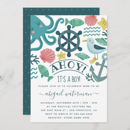 かわいい航海の海のクリッターが男の子のベビーシャワー 招待状 (正面/裏面)