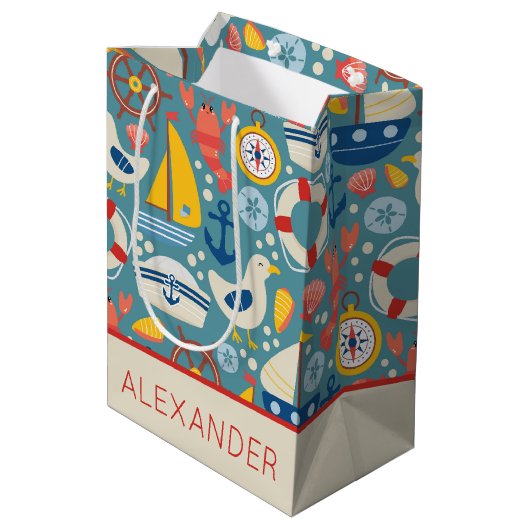 かわいい航海の海の生きパーソナライズされた物 ミディアムペーパーバッグ (裏面アングル)