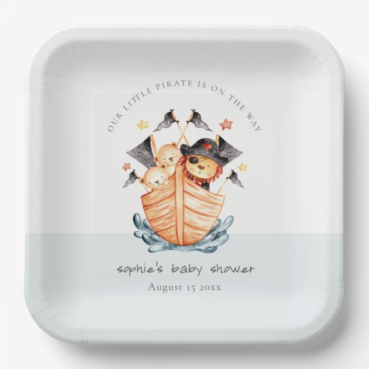 かわいい航海の海賊の船ライオンかわいい赤ちゃんシャワー ペーパープレート (正面)