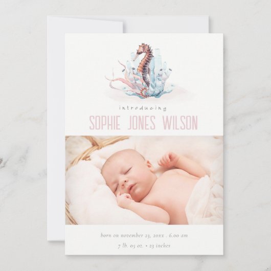 かわいい航海の海馬の写真誕生のお知らせ サンキューカード (正面)
