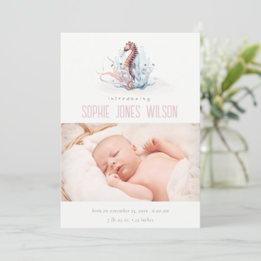 かわいい航海の海馬の写真誕生のお知らせ サンキューカード (スタンド正面)