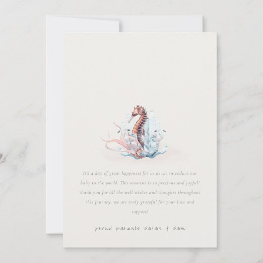 かわいい航海の海馬の写真誕生のお知らせ サンキューカード (裏面)