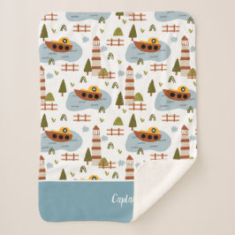 かわいい航海の灯台とボートキッド柄 シェルパブランケット