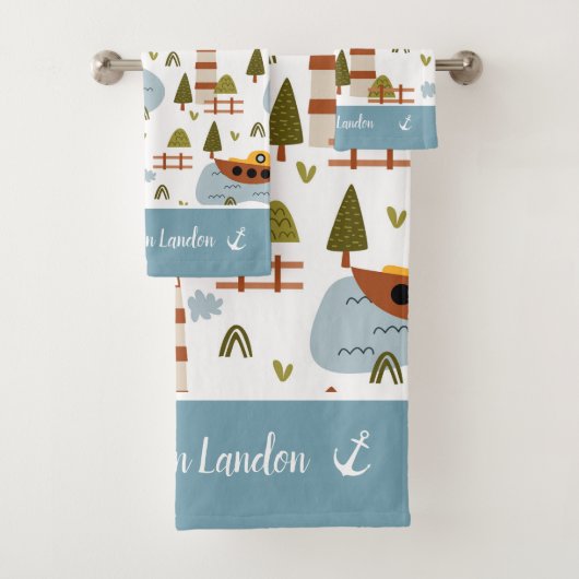 かわいい航海の灯台とボートキッド柄 バスタオルセット (インサイチュ)