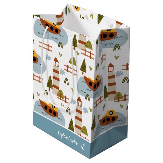 かわいい航海の灯台とボートキッド柄 ミディアムペーパーバッグ (裏面アングル)