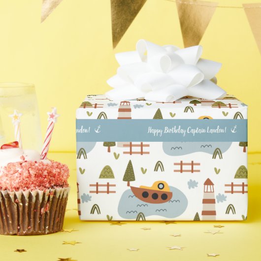 かわいい航海の灯台とボートキッド柄 ラッピングペーパー (誕生日パーティー)