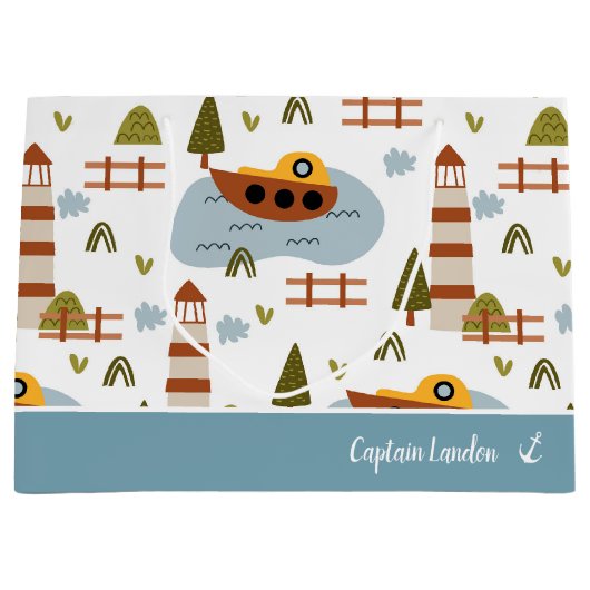 かわいい航海の灯台とボートキッド柄 ラージペーパーバッグ (正面)