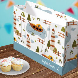 かわいい航海の灯台とボートキッド柄 ラージペーパーバッグ