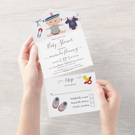 かわいい航海の男の子の赤ん坊のシャワーすべてを1つの招待で オールインワン招待状 (貼ってはがせる)