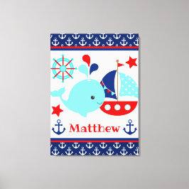 かわいい航海の青いクジラといかり柄 キャンバスプリント