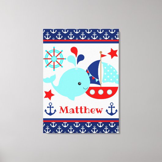 かわいい航海の青いクジラといかり柄 キャンバスプリント (正面)