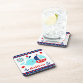 かわいい航海の青いクジラといかり柄 コースター (右側)