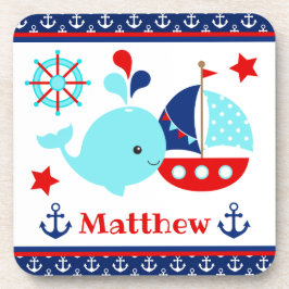 かわいい航海の青いクジラといかり柄 コースター