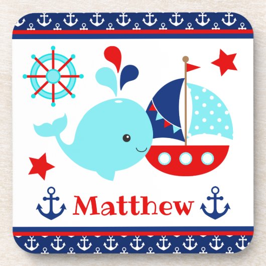 かわいい航海の青いクジラといかり柄 コースター (正面)
