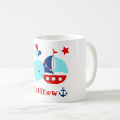 かわいい航海の青いクジラといかり柄 コーヒーマグカップ (正面右)