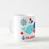 かわいい航海の青いクジラといかり柄 コーヒーマグカップ (正面左)