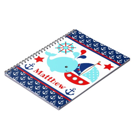 かわいい航海の青いクジラといかり柄 ノートブック (左側)