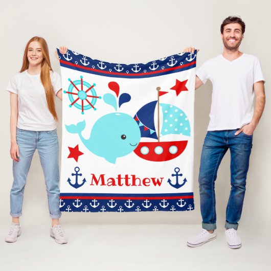 かわいい航海の青いクジラといかり柄 フリースブランケット (インサイチュ)