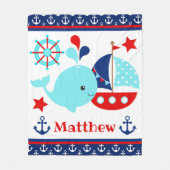 かわいい航海の青いクジラといかり柄 フリースブランケット (正面)