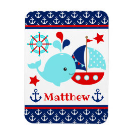 かわいい航海の青いクジラといかり柄 マグネット