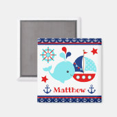 かわいい航海の青いクジラといかり柄 マグネット (正面/裏面)