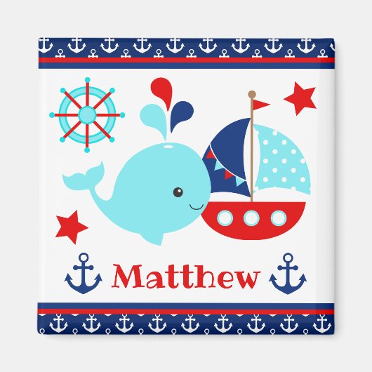 かわいい航海の青いクジラといかり柄 マグネット (正面)