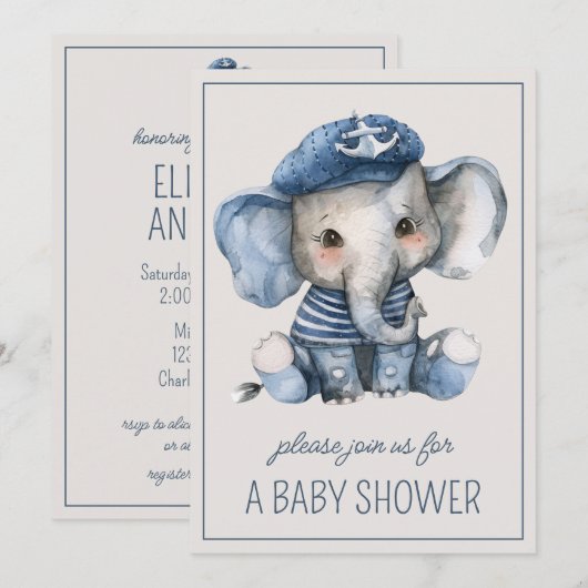 かわいい航海の青い赤ちゃん象のカスタマイズ 招待状 (正面/裏面)