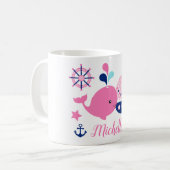 かわいい航海ピンククジラ、船&アンカー コーヒーマグカップ (正面左)
