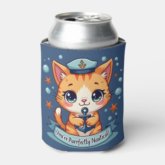 かわいい航海風猫の帆船の錨のパロディ 缶クーラー (缶正面)