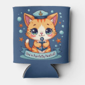 かわいい航海風猫の帆船の錨のパロディ 缶クーラー (正面)