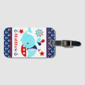 かわいい航海 青いクジラとアンカー柄 ラゲッジタグ (正面横)