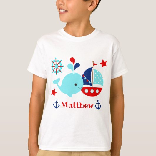 かわいい航海 青いクジラとアンカー柄 Tシャツ (正面)