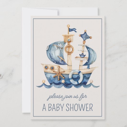 かわいい航海 青い帆船 オーダーメイド 招待状 (正面)